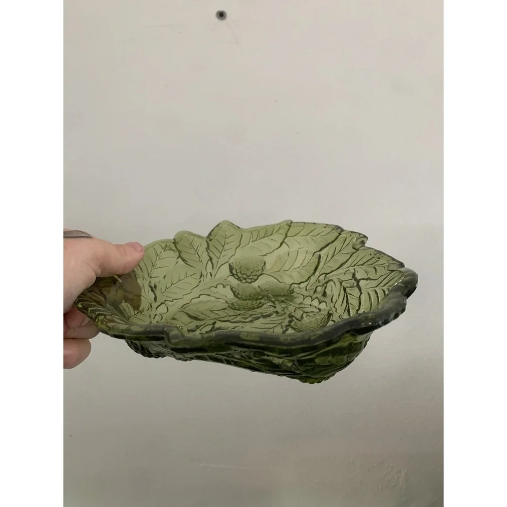 Vintage Indiana Glass Loganberry Candy Dish Avocado Green Berry Leaf Bowl